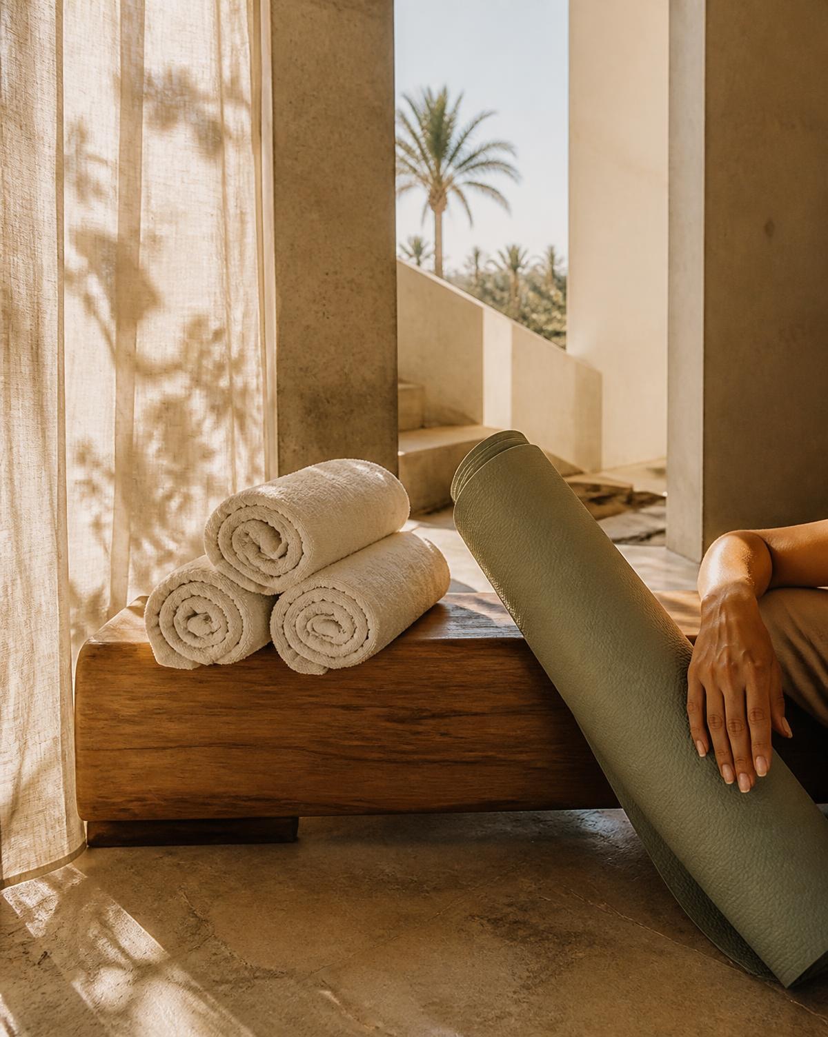 Sage yoga mat and natural wellness details in a sunlit California space