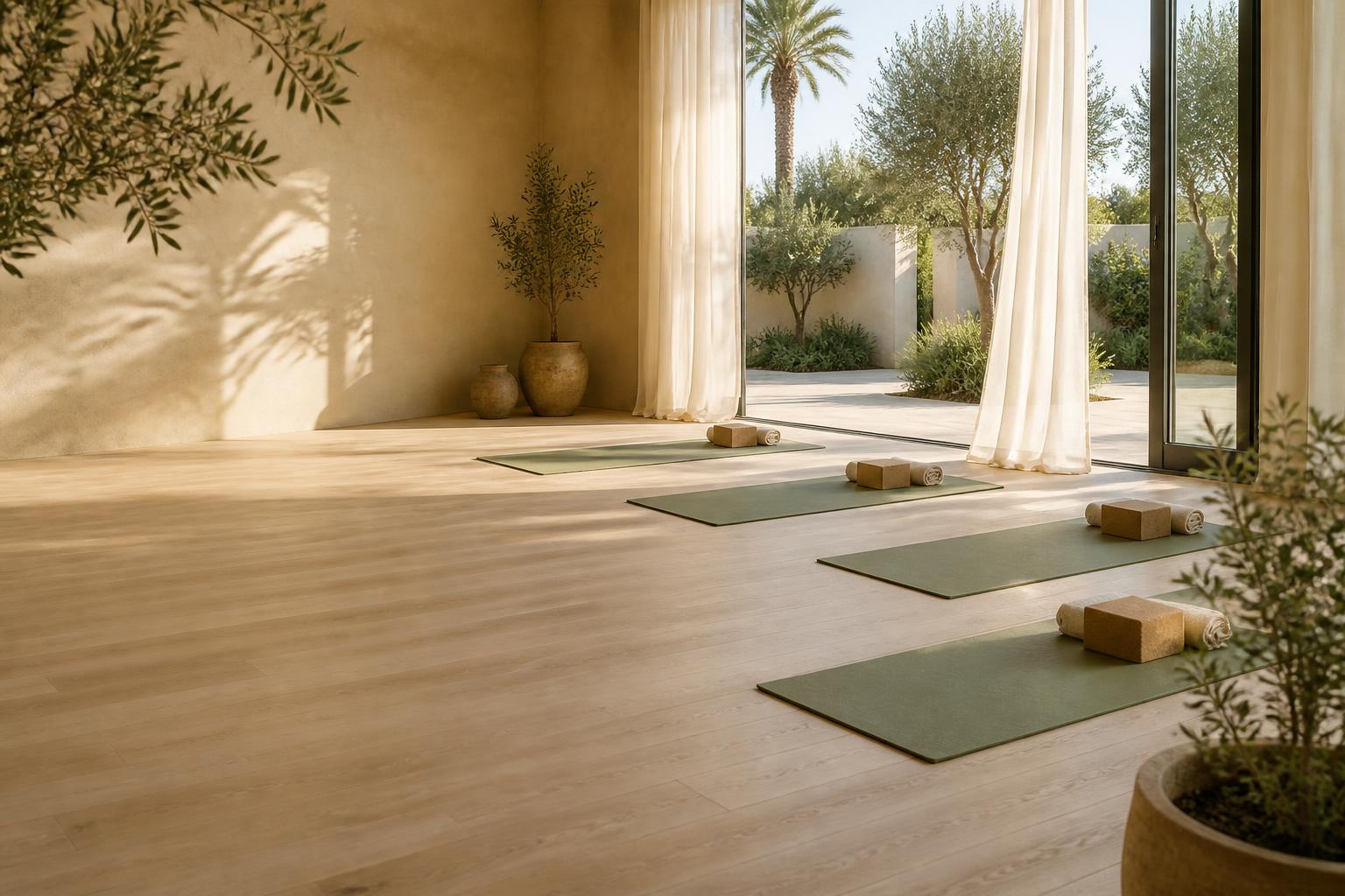 Sunlit indoor-outdoor wellness setting with sage yoga mats in Los Angeles